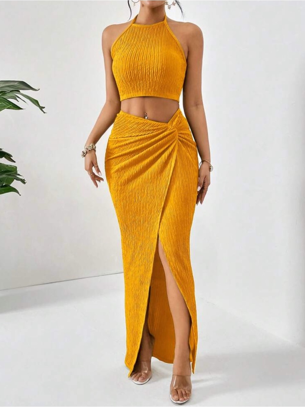 Mustard Yellow High-Slit Maxi Skirt
